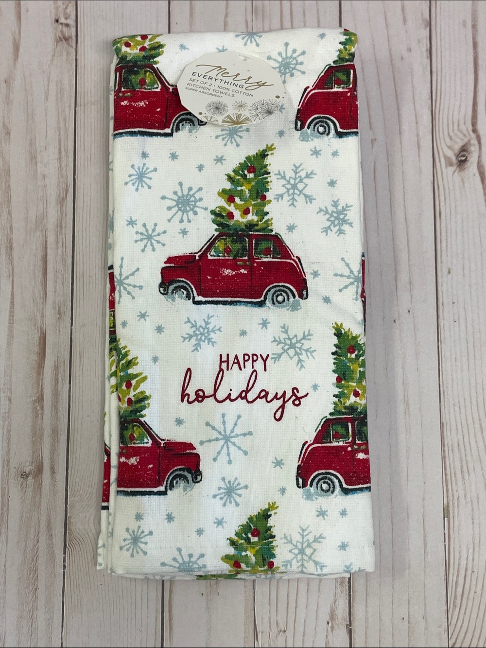 Merry Everything Kitchen Dish Towels Set 2 Red Farmhouse Car Christmas Tree NEW